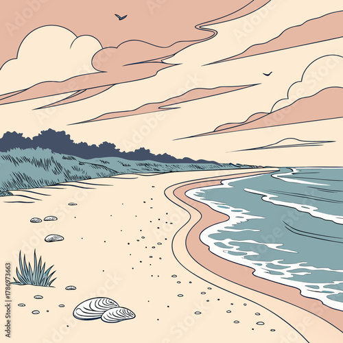 A tranquil vector illustration captures a serene beach scene with gentle waves, soft clouds, and delicate seashells scattered across the sandy shore