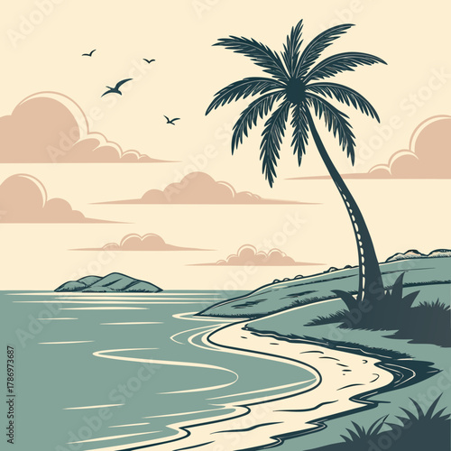 A tranquil beach scene with a palm tree swaying gently in the breeze, as birds soar overhead and the sun casts a warm glow on the horizon