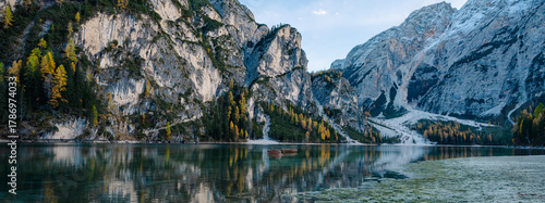 Lago di Braies Lake in the Dolomite Mountains of Italy is a natural wonder with its magnificent nature and reflections.
