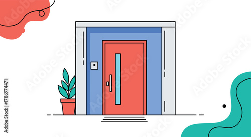 A modern illustration of a house entrance with a red door and blue frame, accompanied by a small potted plant and abstract decorative elements.