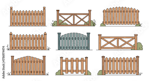Diverse collection of cartoon wooden fences and gates in various styles, suitable for garden, yard, and property boundaries.