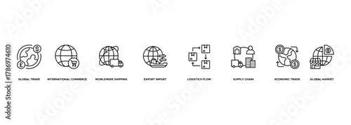 banner Global Trade Network icon.Global Trade, International Commerce, Worldwide Shipping, Export Import, Logistics Flow, Supply Chain, Economic Trade, Global Market