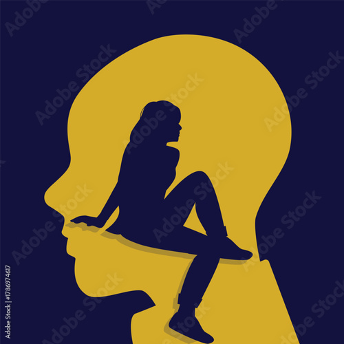 Vector illustration showing a silhouette of a woman sitting inside the outline of a human head