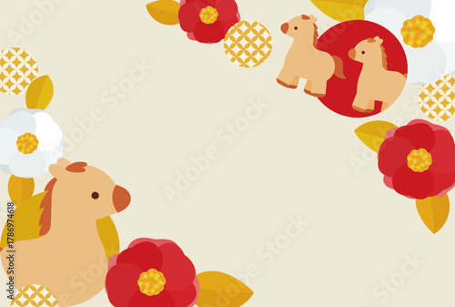 華やかでかわいい椿と馬の年賀状 コーナー飾り