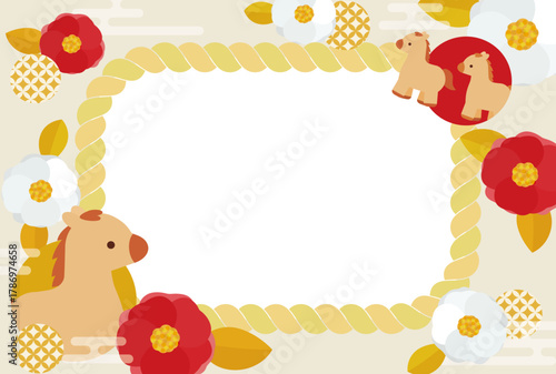 華やかでかわいい椿と馬の年賀状 しめ縄フレーム