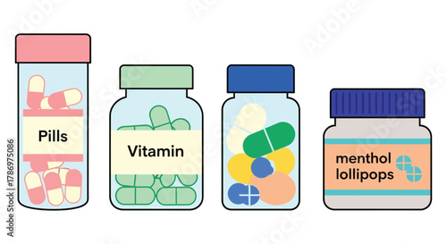 Medicine bottles pills vitamins supplements healthcare illustration