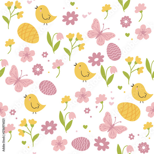 Colorful Easter bunny with eggs and flowers. Easter basket with eggs and sheep. Easter parity and pattern. Easter background for postcard, banner.	