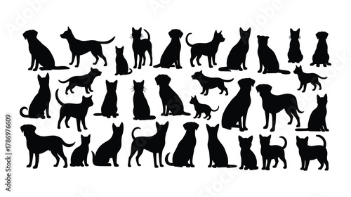 Cat & Dog Silhouette Icon Set – Stylized Black Animal Poses with Breed Variations and Expressive Gestures