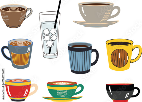 Wallpaper Mural Coffee & Beverage Container Icon Set – Stylized Cups and Glasses with Diverse Designs and Iced Water Torontodigital.ca