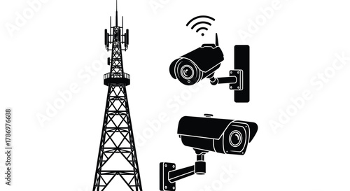Security systems surveillance cameras and communication tower vector