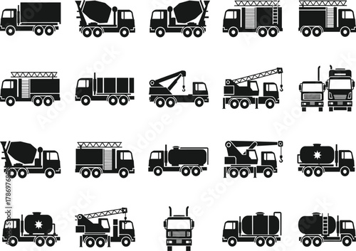 Construction & Utility Truck Silhouette Set – Stylized Black Icons of Mixers, Cranes, Dumpers, and More