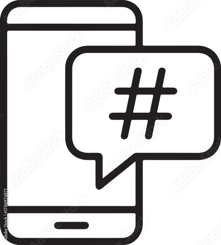 Smartphone with a speech bubble containing a hashtag symbol
