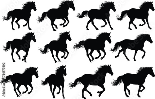 Horse Gallop Silhouette Sequence – Stylized Black Icons of Running Motion in Twelve Gait Frames