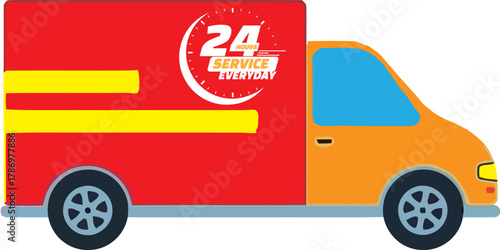24 Hour Service Delivery Van Vector, Everyday Logistics and Transport Truck Graphic, Urgent Shipping and Commerce Icon