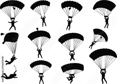 Parachutist Silhouette Set – Stylized Black Figures in Varied Skydiving Poses with Open Canopies