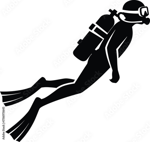 Scuba Diver Silhouette – Stylized Black Figure with Mask, Tank, Fins, and Underwater Swimming Pose