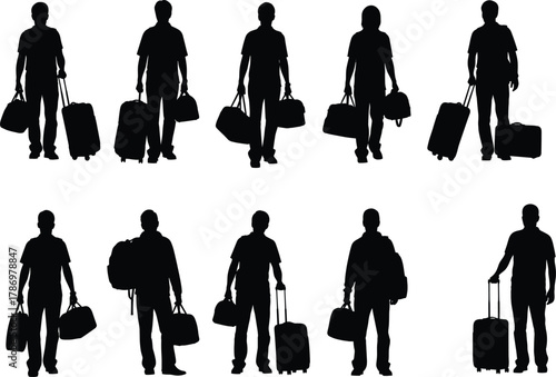 Traveler Silhouette Set – Stylized Black Figures Carrying Suitcases, Backpacks, and Rolling Luggage
