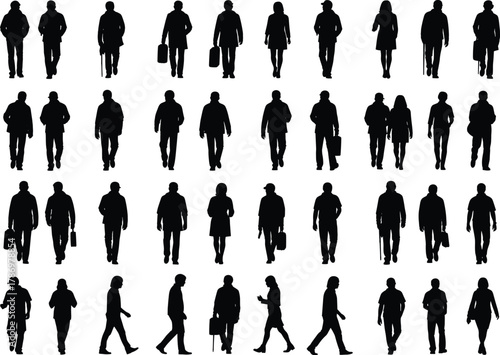 Walking Silhouette Grid – Stylized Black Figures in Varied Postures with Bags and Briefcases