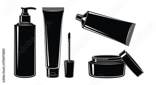 Black and white cosmetic product vector set for beauty packaging mockups