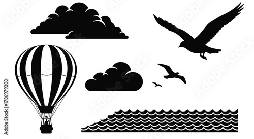 Black and white clip art of hot air balloon and flying seagulls