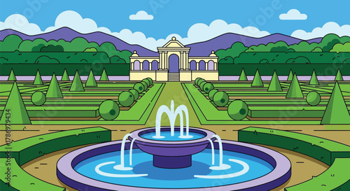 Illustration of formal garden with fountain and building background