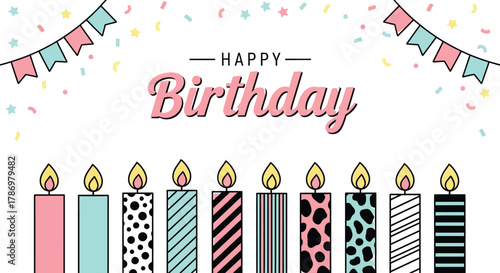 Happy birthday celebration with candles and party decorations design