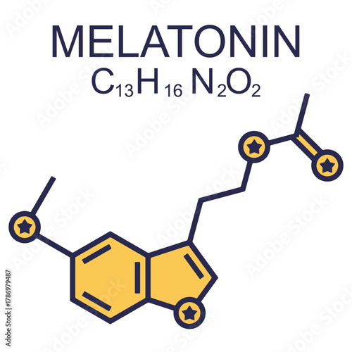 Illustration of the molecular structure of melatonin, a hormone with the chemical formula C13H16N2O2 that regulates sleep-wake cycles and circadian rhythms