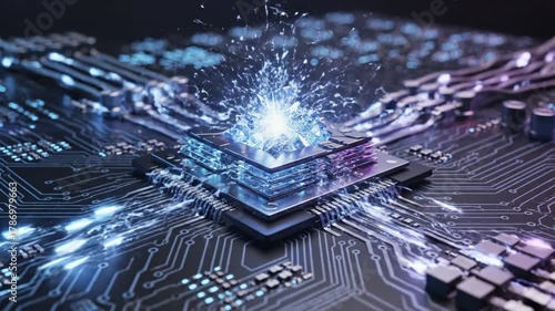 Abstract Microchip Data Processing - A close-up, detailed video of a microchip with glowing energy emanating from its core.