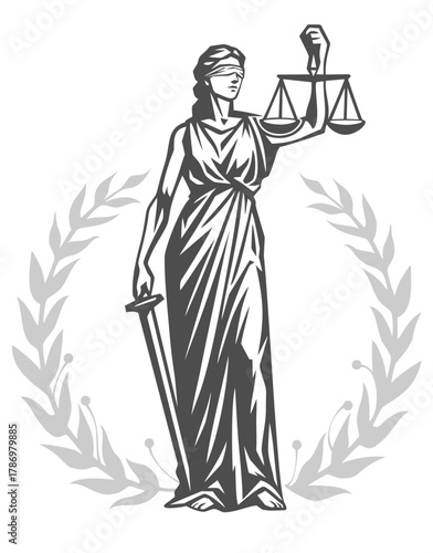 Vector illustration of Themis, Lady Justice,
 the classical goddess of fairness and law,
 in a black and white silhouette style.