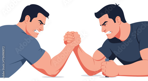 Two men engaged in arm wrestling on a plain white background