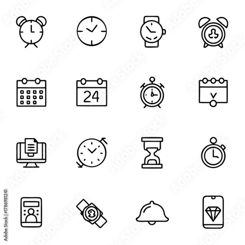 Time and Clock Outline Icons. 24 Hours, Alarm, Alarm Clock, Appointment, Bell, Calendar, Checkmark, Clock, Countdown, Date, Deadline, Decrease, Delivery, Efficiency, Growth, Hourglass, Increase, Inves