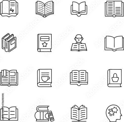 Book line icons set. Open brochure, magazine, literature, dictionary, audiobook, learning, encyclopedia education, information reference vector illustration. Outline signs for library.