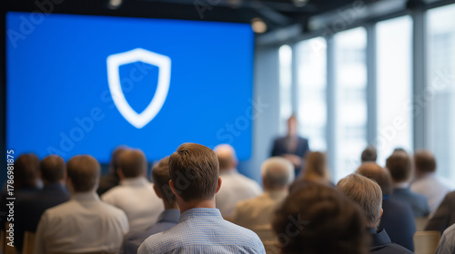 Business Professionals Attending a Corporate Cybersecurity Training Seminar with a Shield Logo on the Screen. Ideal for content covering data protection, enterprise IT security solutions