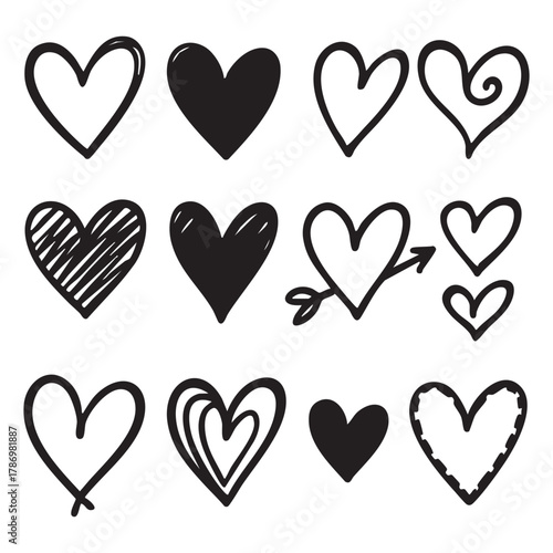 Collection of hand drawn black hearts on white background