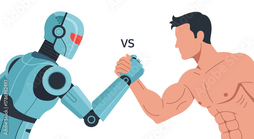 Illustration of a muscular man arm wrestling with a robot on a white background