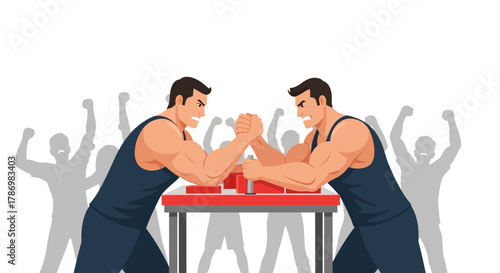 Illustration of two muscular men arm wrestling on a red table with cheering crowd in the background
