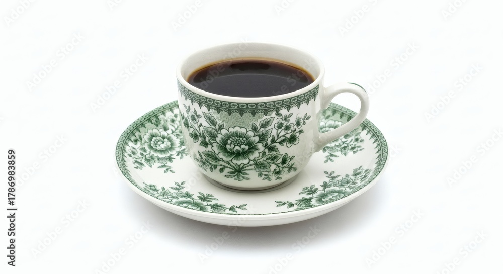 Fototapeta premium Green Floral Cup Fresh Black Coffee on White Background with Morning Ritual.