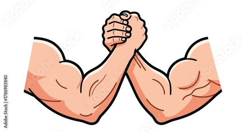 Cartoon illustration of two muscular arms arm wrestling on a white background