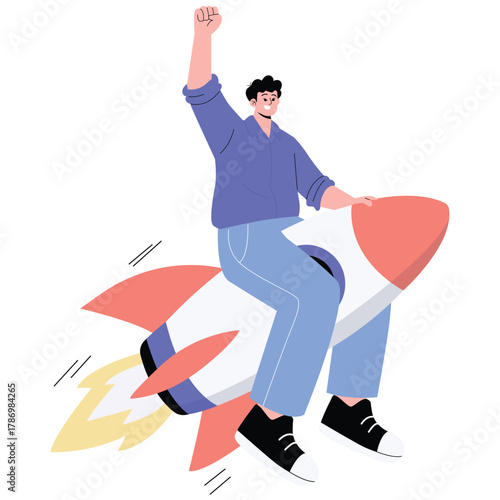 Startup Illustration. Vector illustration of Happy entrepreneur riding a flying rocket with raised fist, symbolizing startup success, rapid growth and ambitious goals. Isolated on background