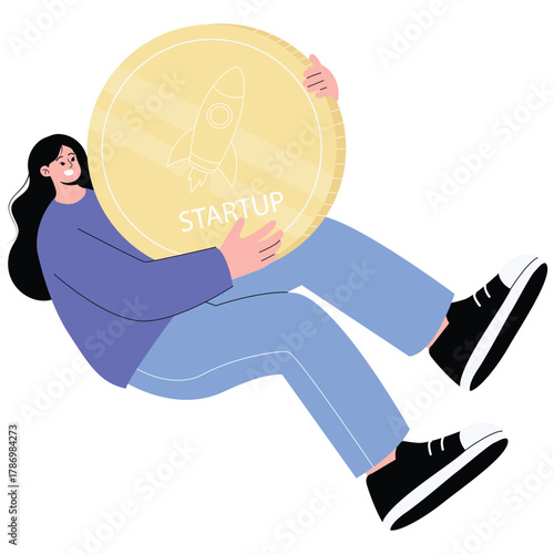 Startup Illustration. Vector illustration of Smiling woman holding a large gold startup coin, representing funding, investment and financial support for new business. Isolated on background