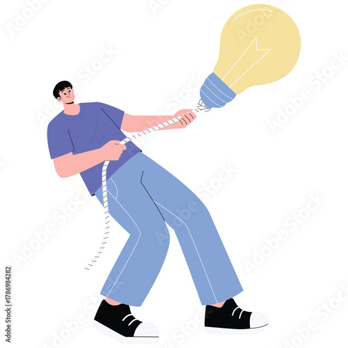Startup Illustration. Vector illustration of Young man pulling a huge lightbulb with rope, illustrating effort to bring big ideas to life and turn creativity into projects. Isolated on background