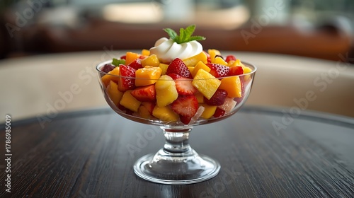 Fresh fruit salad with whipped cream and mint in a glass bowl