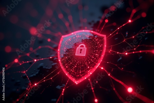Digital shield with padlock symbol, glowing red lines connecting points, representing cyber security and network protection.