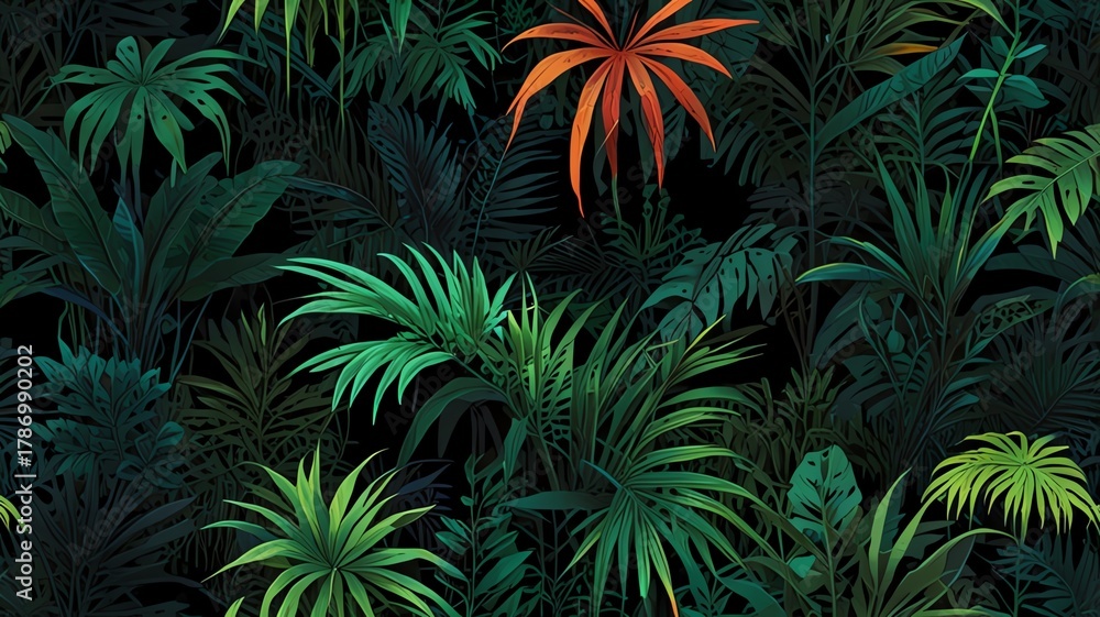 Fototapeta premium Lush jungle foliage, vibrant green leaves, and a touch of fiery orange in a dark, atmospheric background.