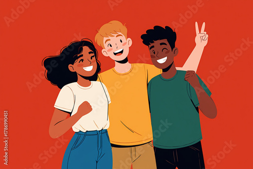 Three diverse friends smiling and posing together happily