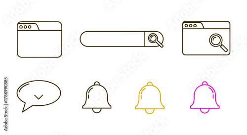 Modern icons for search, notifications, and communication in digital spaces
