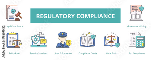 Regulatory Compliance Lineal Color Banner Web Icon Set Vector Illustration      