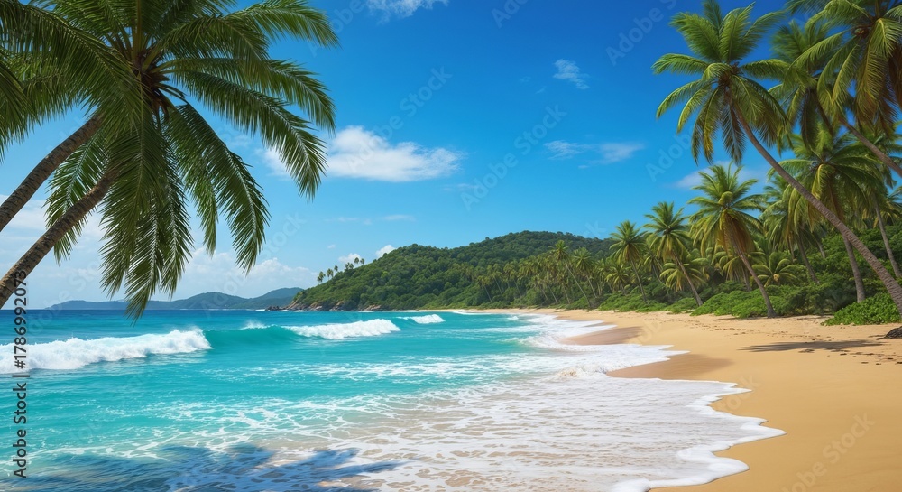 Fototapeta premium Serene Beach Landscape with Palm Trees under Bright Blue Sky