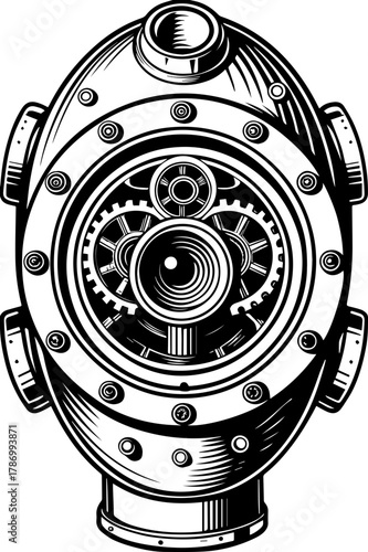 SVG steampunk mechanical gothic skull design. Vintage Diving Helmet with Intricate Gears and Detail Illustration
