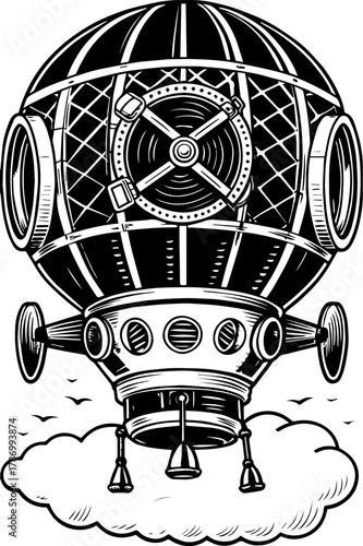 SVG steampunk mechanical gothic skull design. Vintage Hot Air Balloon in Black and White Illustration Design